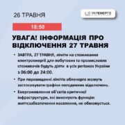 Завтра по всій Україні ліміти на споживання електроенергії будуть діяти з 06:00 до 24:00
