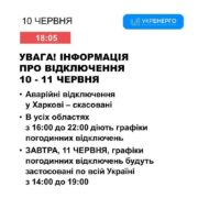 11 червня графіки відключень світла діятимуть з 14:00 до 19:00